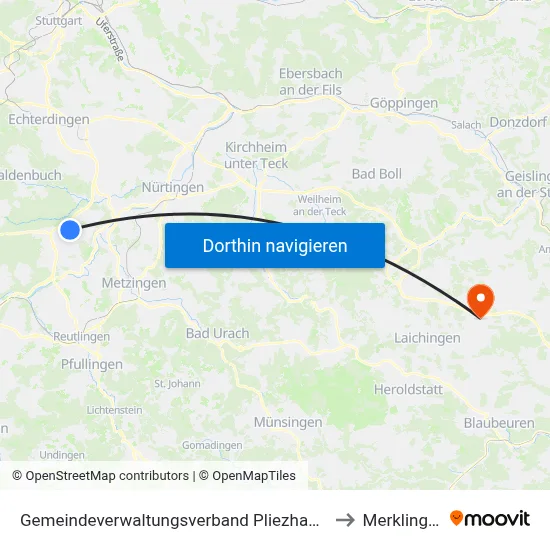 Gemeindeverwaltungsverband Pliezhausen to Merklingen map