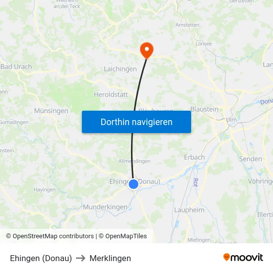 Ehingen (Donau) to Merklingen map