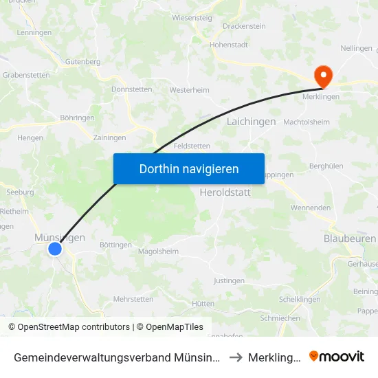 Gemeindeverwaltungsverband Münsingen to Merklingen map