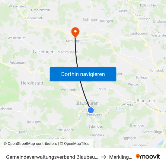 Gemeindeverwaltungsverband Blaubeuren to Merklingen map