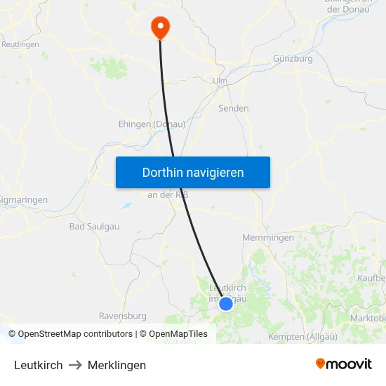 Leutkirch to Merklingen map