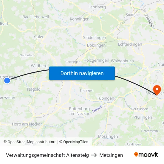Verwaltungsgemeinschaft Altensteig to Metzingen map