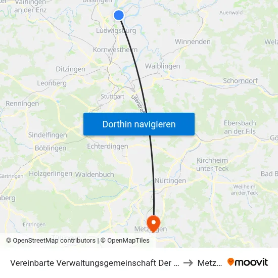 Vereinbarte Verwaltungsgemeinschaft Der Stadt Freiberg am Neckar to Metzingen map