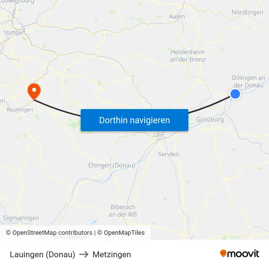 Lauingen (Donau) to Metzingen map
