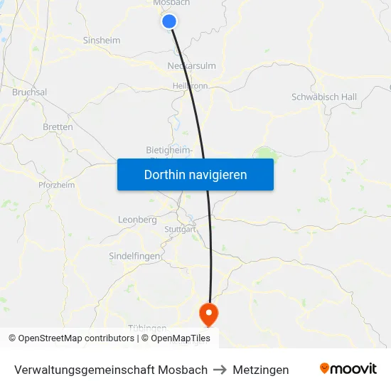 Verwaltungsgemeinschaft Mosbach to Metzingen map