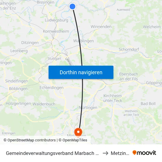 Gemeindeverwaltungsverband Marbach am Neckar to Metzingen map