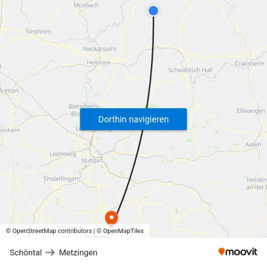 Schöntal to Metzingen map