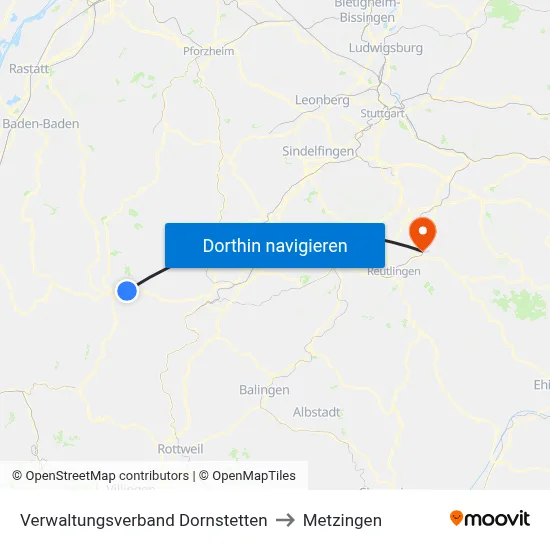 Verwaltungsverband Dornstetten to Metzingen map