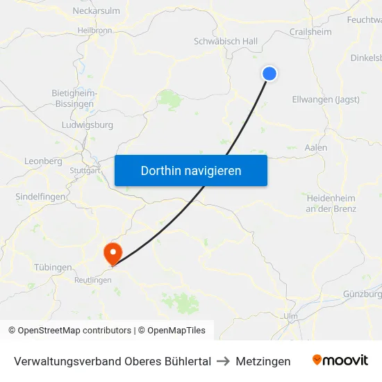 Verwaltungsverband Oberes Bühlertal to Metzingen map
