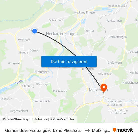 Gemeindeverwaltungsverband Pliezhausen to Metzingen map