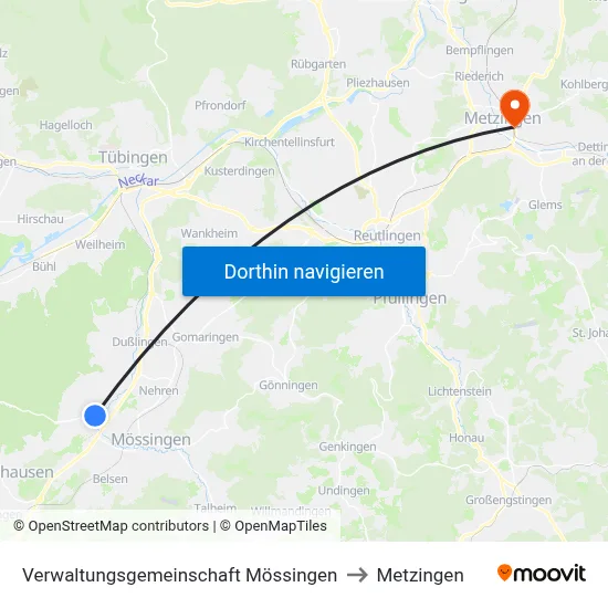 Verwaltungsgemeinschaft Mössingen to Metzingen map