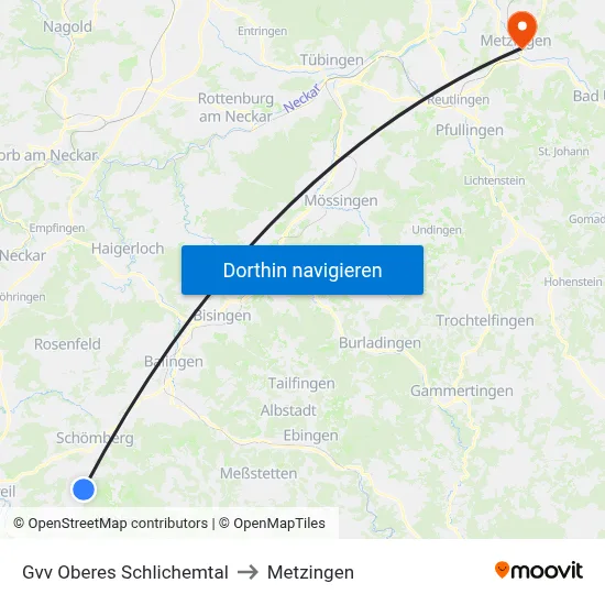 Gvv Oberes Schlichemtal to Metzingen map