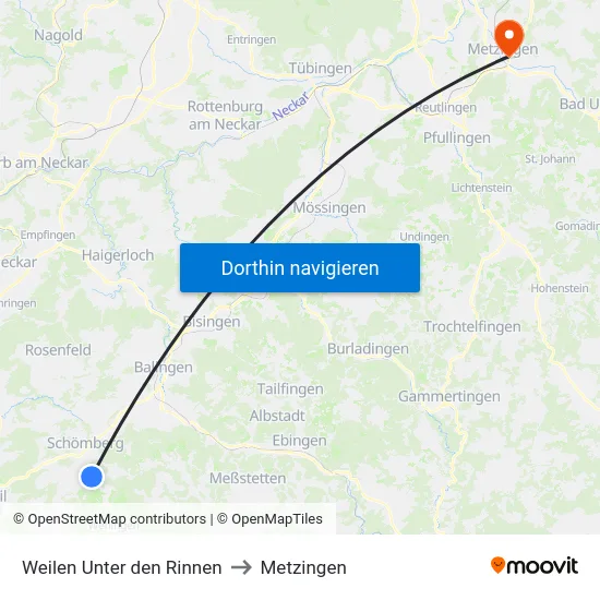 Weilen Unter den Rinnen to Metzingen map