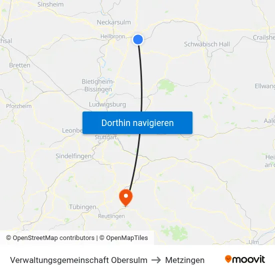 Verwaltungsgemeinschaft Obersulm to Metzingen map