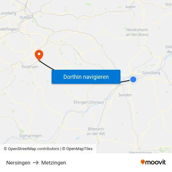 Nersingen to Metzingen map