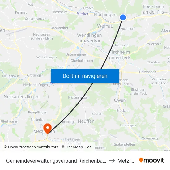 Gemeindeverwaltungsverband Reichenbach An Der Fils to Metzingen map