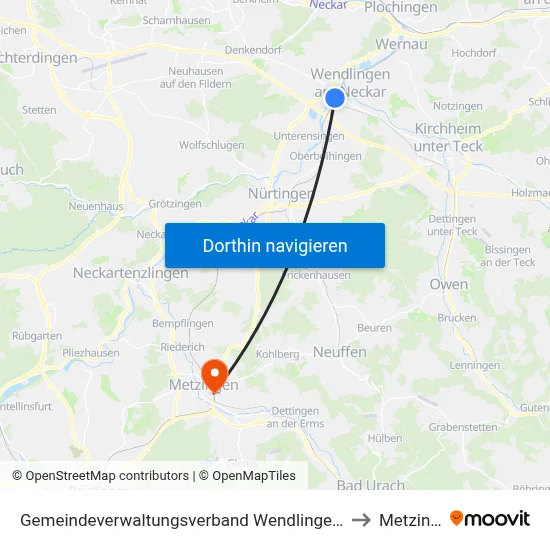 Gemeindeverwaltungsverband Wendlingen am Neckar to Metzingen map