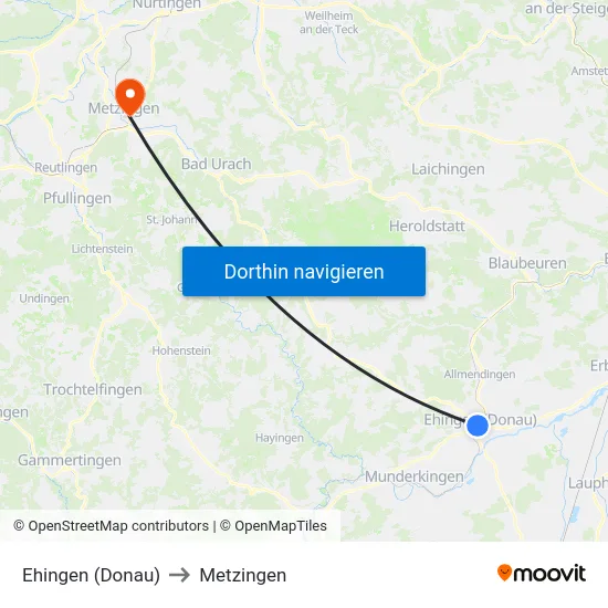 Ehingen (Donau) to Metzingen map