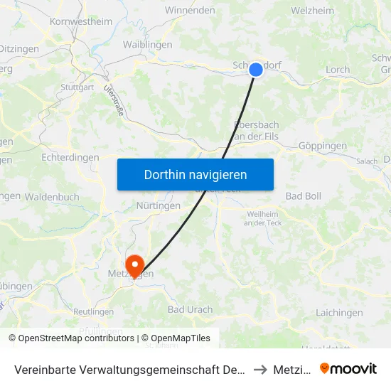Vereinbarte Verwaltungsgemeinschaft Der Stadt Schorndorf to Metzingen map