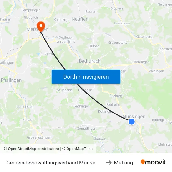 Gemeindeverwaltungsverband Münsingen to Metzingen map
