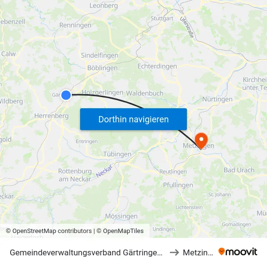 Gemeindeverwaltungsverband Gärtringen/Ehningen to Metzingen map