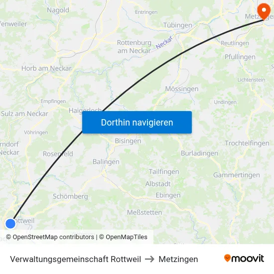 Verwaltungsgemeinschaft Rottweil to Metzingen map