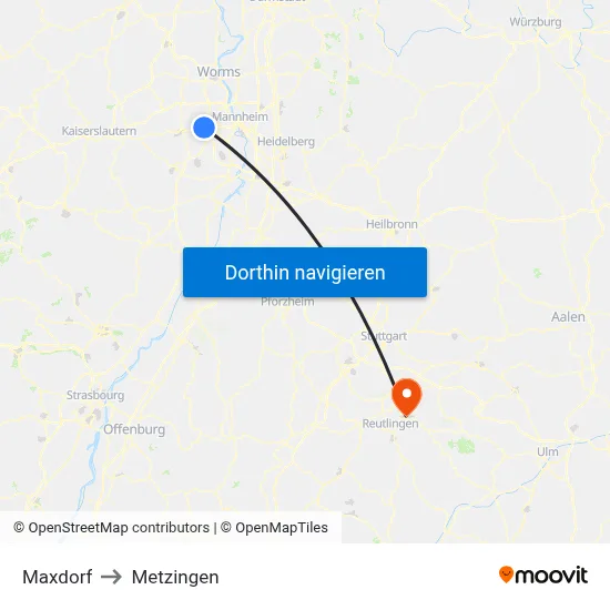 Maxdorf to Metzingen map