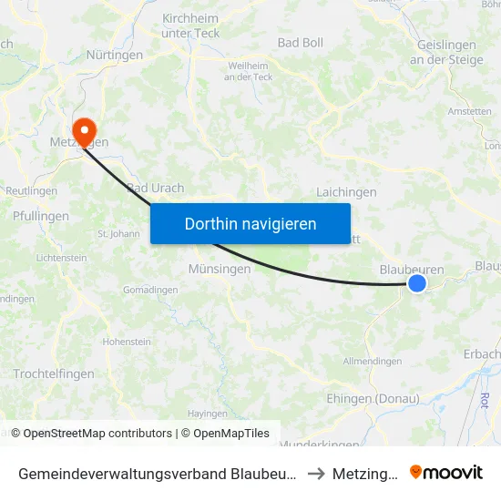 Gemeindeverwaltungsverband Blaubeuren to Metzingen map
