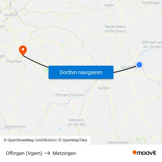 Offingen (Vgem) to Metzingen map