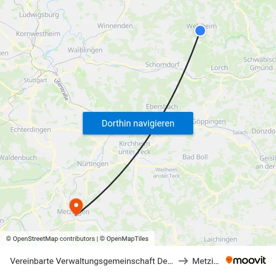 Vereinbarte Verwaltungsgemeinschaft Der Stadt Welzheim to Metzingen map