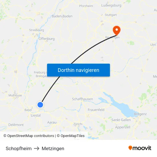 Schopfheim to Metzingen map