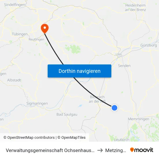 Verwaltungsgemeinschaft Ochsenhausen to Metzingen map