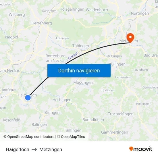 Haigerloch to Metzingen map