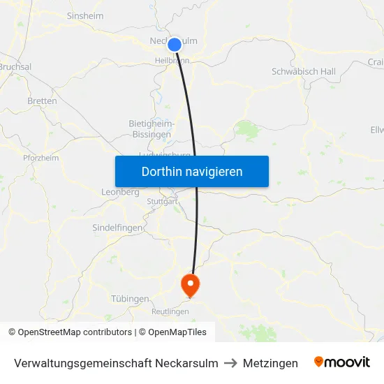 Verwaltungsgemeinschaft Neckarsulm to Metzingen map
