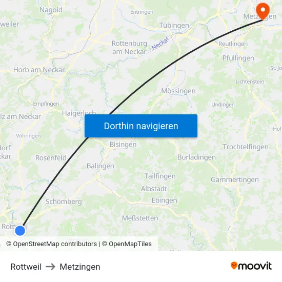 Rottweil to Metzingen map