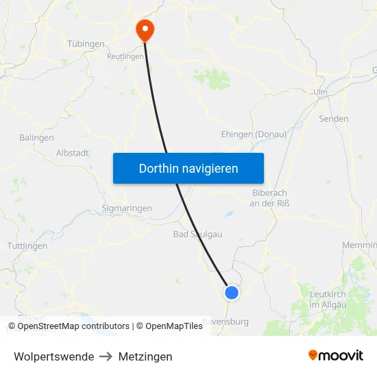 Wolpertswende to Metzingen map