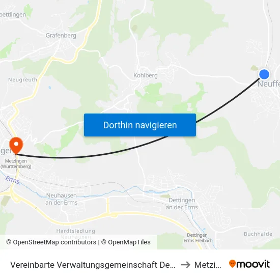 Vereinbarte Verwaltungsgemeinschaft Der Stadt Neuffen to Metzingen map