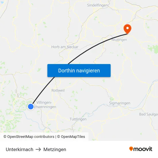 Unterkirnach to Metzingen map