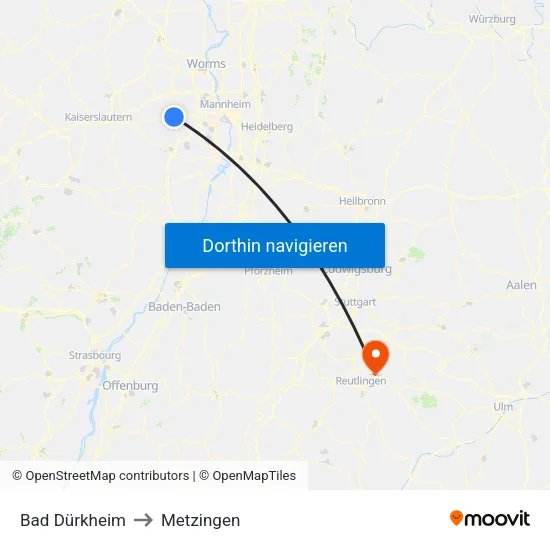 Bad Dürkheim to Metzingen map
