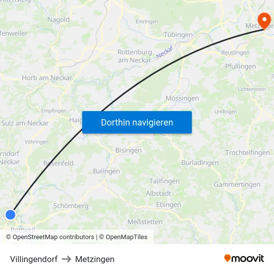 Villingendorf to Metzingen map