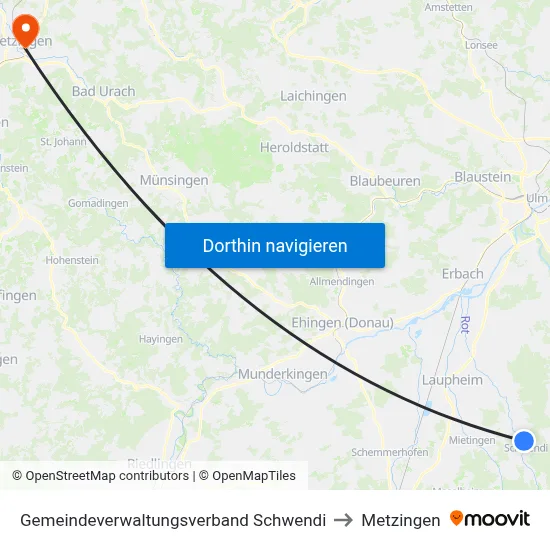 Gemeindeverwaltungsverband Schwendi to Metzingen map