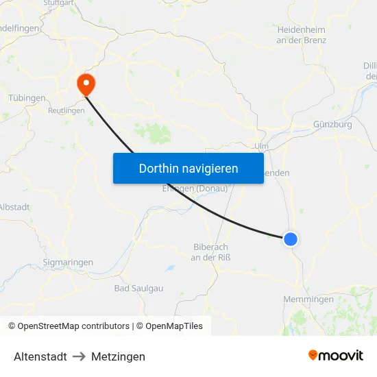 Altenstadt to Metzingen map