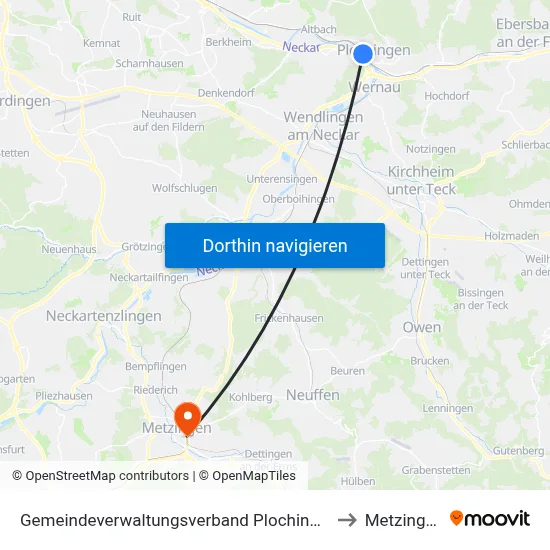 Gemeindeverwaltungsverband Plochingen to Metzingen map