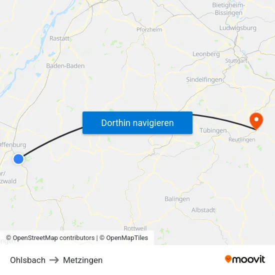 Ohlsbach to Metzingen map