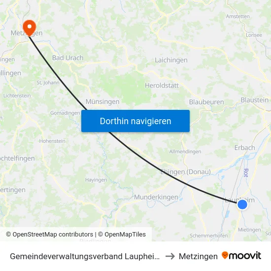 Gemeindeverwaltungsverband Laupheim to Metzingen map