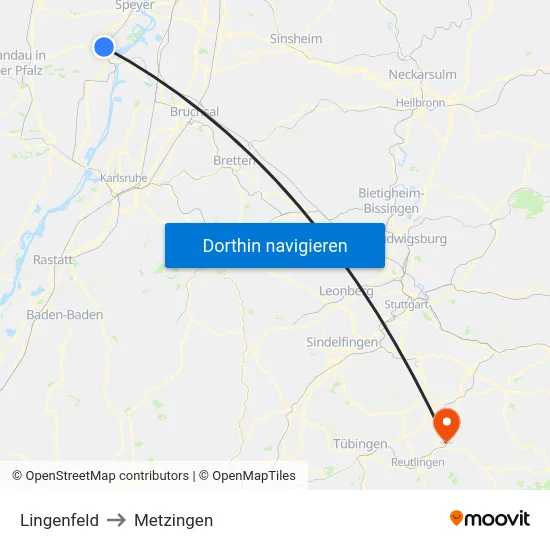 Lingenfeld to Metzingen map