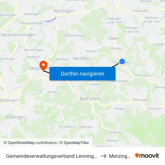 Gemeindeverwaltungsverband Lenningen to Metzingen map