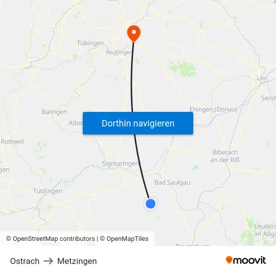 Ostrach to Metzingen map