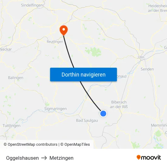 Oggelshausen to Metzingen map