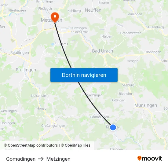 Gomadingen to Metzingen map